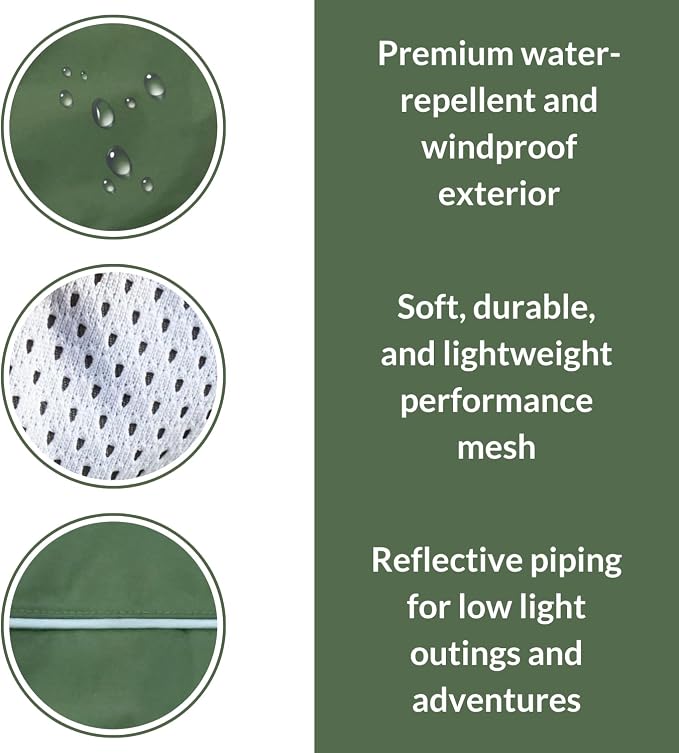 DJANGO Dog Jacket & Raincoat – Lightweight Water-Resistant Coat for Small, Medium & Long Dogs Like Dachshunds – Reflective, Adjustable Fit, Harness-Compatible & Easy-Access Harness Hole - Green, Small
