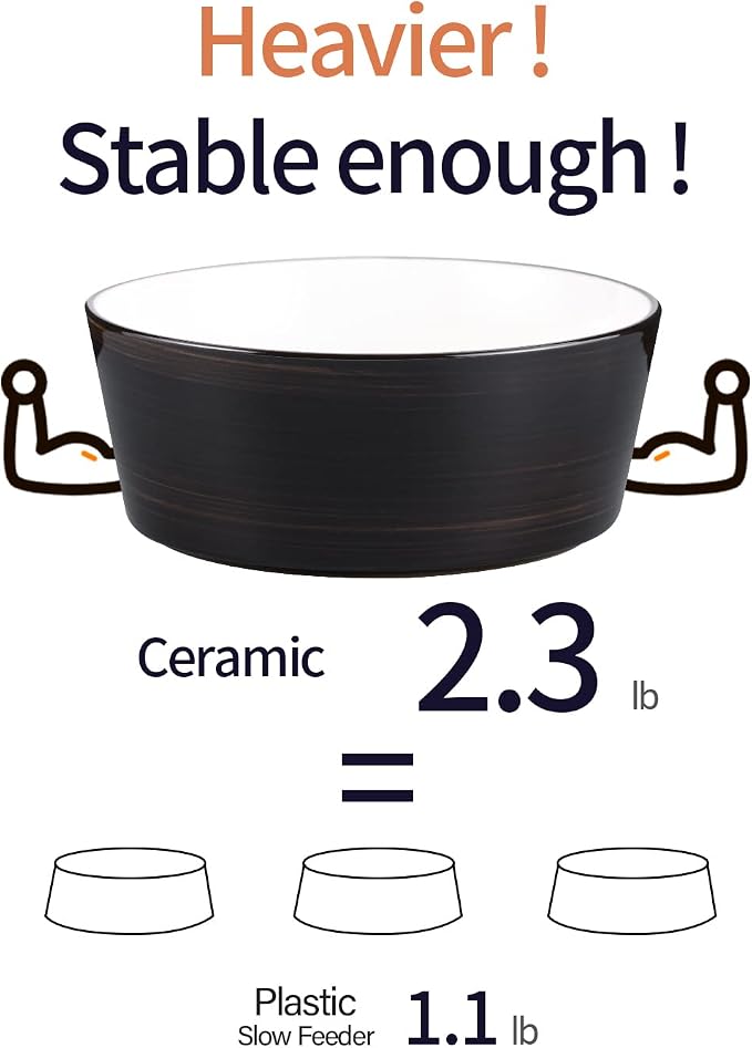 Black Elevated/Raised Dog Bowl Ceramic with Wood Stand for Medium Large Breed,Dog Food Water Dish Heavy Wighted,8 in Non Slip Modern Cute Porcelain Pet Bowl Extra Large Wide