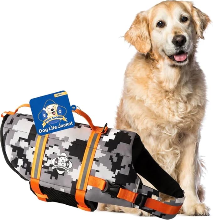 Dog Life Jacket — Premium Swim Vest with SafeChin Anti-Choke Collar | PAWS Aboard Grey Camo | RapidLift Rescue Handle, D-Ring, Reflective Trim | Boating, Kayaking, Pool | Large (50–80 lbs)