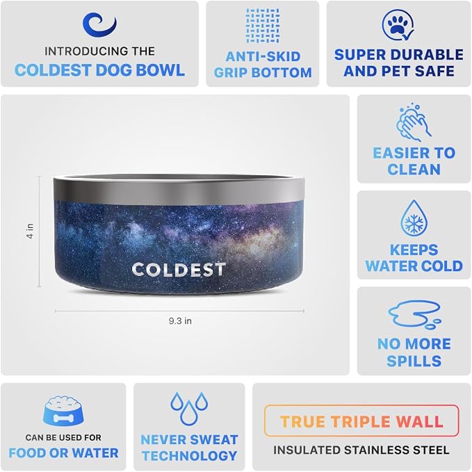 Coldest Dog Bowl - Anti Rust Metal, Non Slip, 3 Layers Insulated Stainless Steel Dog Bowls - Spill Proof & Heavy Duty - Water Bowl for Dogs, Cats & Pets, Dish Washer Safe (100 oz, Into The Beyond)