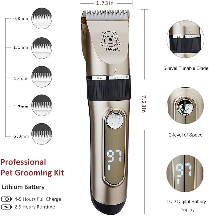 IWEEL Dog Clippers Grooming Kit for Dogs Cats Pets, 2-Speed Heavy Duty | 6 Guide Combs, Low Noise IPX 7 Waterproof Cat Shaver Electric Dog Trimmer Pet Grooming Kit