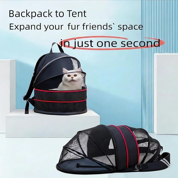 Interactive Expandable Pet Carrier Backpack for Cats & Small Dogs-Interactive Opening Pet Tent Backpack. Expandable for Extra Space.Breathable,Foldable Nest Bed for Travel, Walks,Vet & Home-Black