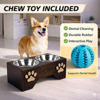Raised Dog Bowls for Medium Sized Dogs – Wooden Elevated Dog Feeder Stand with 2 Stainless Steel Bowls + Chew Treat (14” x 7” x 6”)