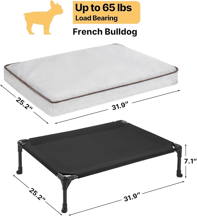 Veehoo Outdoor Elevated Dog Bed with Washable & Waterproof Cushion, Cooling | Medium Raised Dog Cot with Removable Cover, Brethable Mesh, Orthopedic Pet Bed for Indoor & Outdoor, 32" x 25", Dark Grey