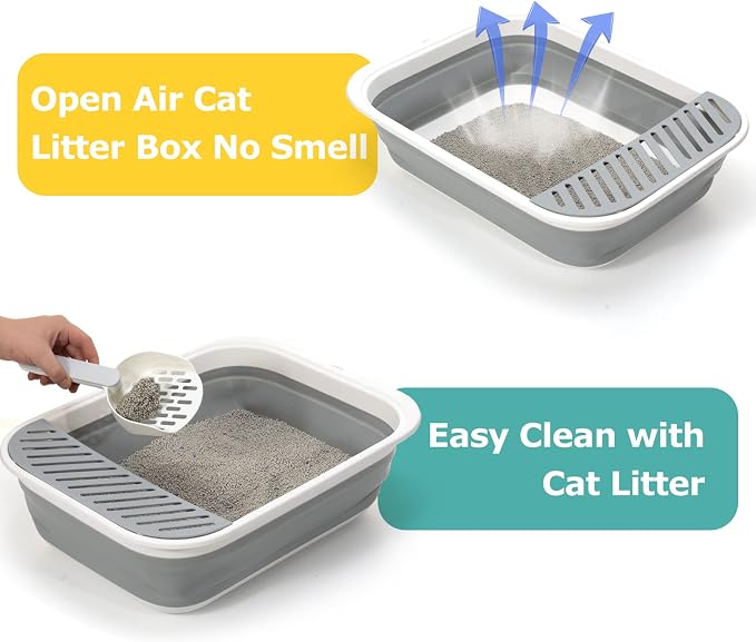 Foldable Cat Litter Box, Large Height-Adjustable Anti-Splash Open Air Kitty Litter Pan, Easy Clean with Scoop (Gray)