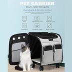 Wheeled Pet Carrier Backpack Pet Stroller, Travel Carrier, Car Seat for Small Dogs Cats Puppies, Comfort Cat Backpack Removable Rolling Wheels – Mesh Ventilation Windows (Large Grey)