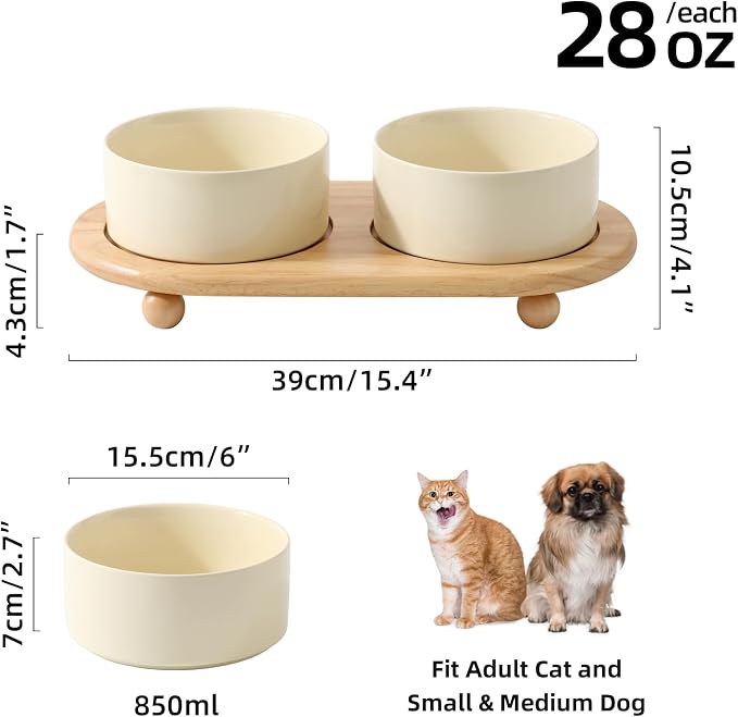 Havniva Raised Cat Bowl, 6.1” Elevated Ceramic Cat Food and Water Bowl Set | Cat Bowls Elevated, Whisker Friendly Cat Bowl, Non-Slip Wood Stand, Food-Grade Ceramic, Wide Opening, Dishwasher Safe