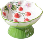 Strawberry Blooms Elevated Ceramic Cat Bowl, Green | Raised Cat Food Bowl with 15° Tilt, Whisker-Friendly Pet Feeding Bowl, Anti-Choking Dish, Dishwasher Safe