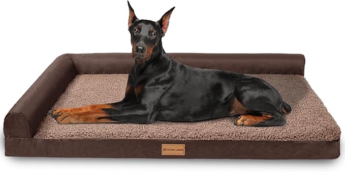 Patas Lague Orthopedic Extra Large Dog Bed Pet Sofa Beds 56''X40''Brown | L Bolster Egg-Crate Foam Dog Couch For Large Sized Dogs, Waterproof Removable Washable Cover, Pet Mat with Nonskid Bottom