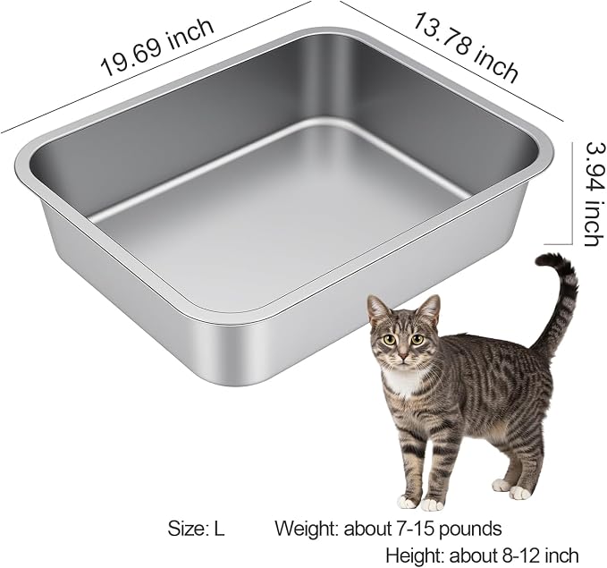 Large High Sided Stainless Steel Cat Litter Box | Sturdy Metal, Odor-free, Cat Litter Non-stick and Easy to Clean, Ideal for Indoor Cats, Kittens and Multicat Houses