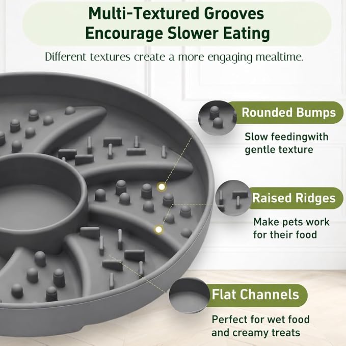 Slow Feeder Dog Bowl Silicone Suction Cup Anti Spill Dogs Cats Grey | strong suction base prevents sliding, extends mealtime, reduces anxiety, textured surface, dishwasher safe