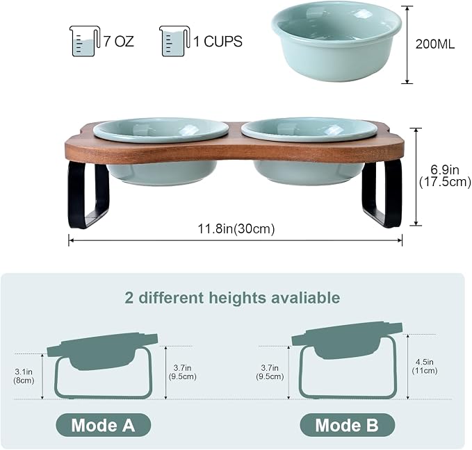 SPUNKYJUNKY Ceramic Elevated Tilted Dog Bowls Bone-Shaped Raised with 2 Height Iron Stand, 4.9'' Dog and Cat Food Water Bowls Set Non-Slip for Puppy Kitten Small Sized Breed - 7 OZ,Light Green