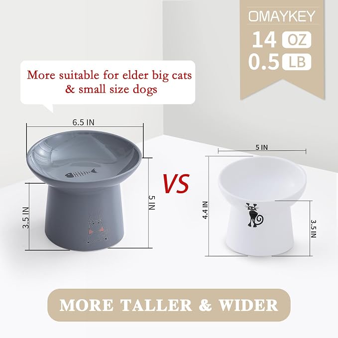 6.5 Inch Extra Wide Raised Cat Bowls, Elevated Cat Food Water Bowl Set | Ceramic, Prevent Neck, Whisker Fatigue, Anti Vomit, Dishes for Elder Big Cats & Small Dogs, White & Grey