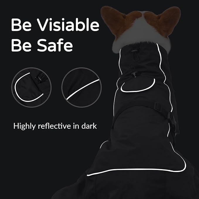 Waterproof Dog Raincoat, Windproof Rain Jacket with Velvet Lining for Outdoor Windy Weather, Breathable Full-Body Coverage Dry Suit Coat with Reflective Strips for Extra Big Dog (Black, XL)