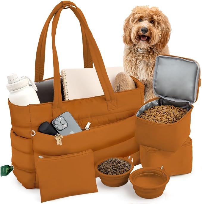 Rubyloo Puffer Dog Travel Bag for Dog Moms, Diaper Bag with Travel Bowls | 2 BPA-Free Collapsible Bowls, 2 Pet Food Containers, 9 Pockets, Everyday Puffer Bag Works With or Without Your Dog, Rust