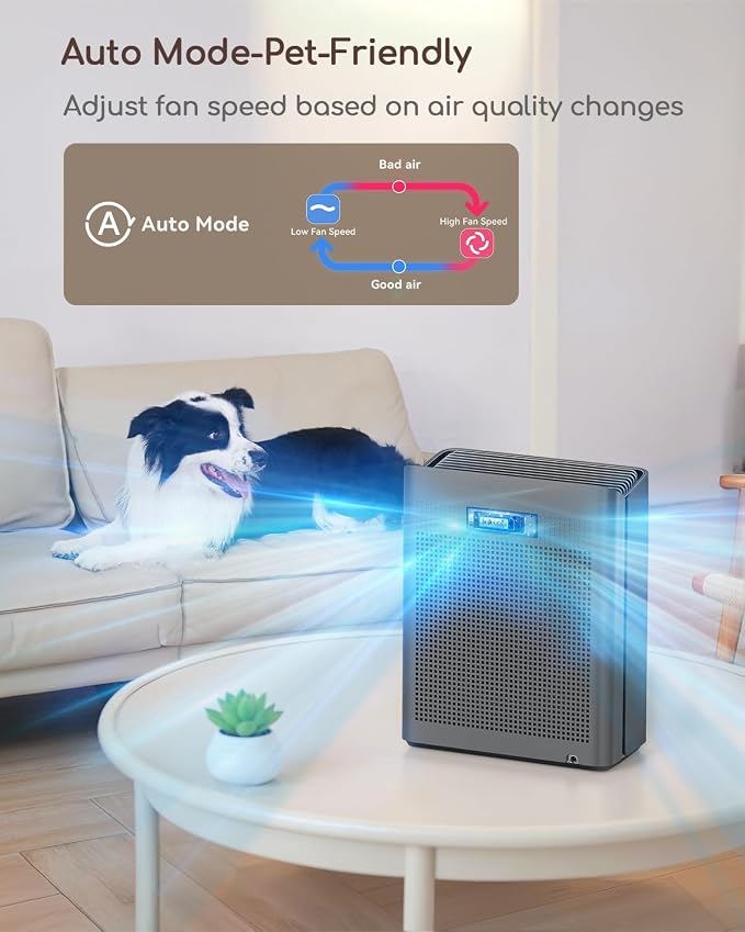 Afloia Air Purifier for Home & Bedroom, 2,000 ft², PM2.5 Monitor | Europa 2.0 Grey features a PM2.5 Air Quality Monitor, Smart Auto Mode, and a washable pre-filter for large homes.