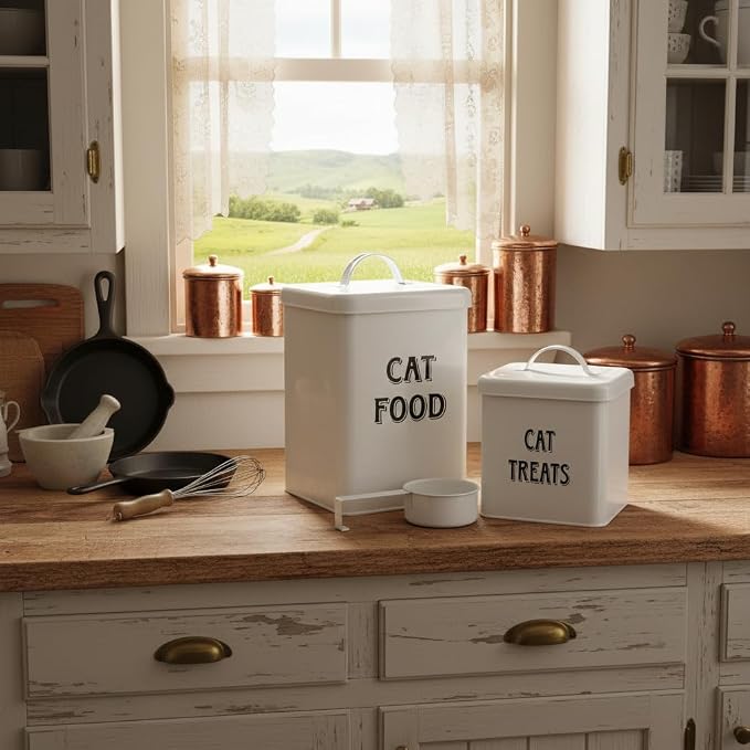 Morezi Farmhouse Cat Food Storage Container with Lid and Scoop, Pet Food Treats Holder, Sturdy Canister Tins for Kitchen Countertop, Shelf, Great Gift for Pet Owners, 5 lbs