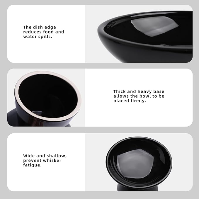 Ceramic Elevated Cat Bowls - 6.2 Inch Extra Wide Raised Cat Food and Water Bowl Set for Indoor Cats, Whisker-Friendly Ceramic Cat Dish for Elder Big Cats & Small Dogs,Black,2 Pack