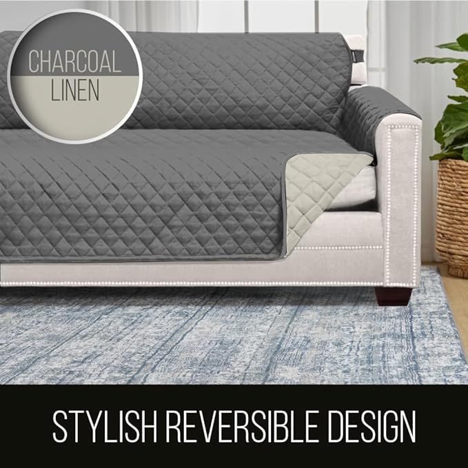 Sofa Shield® Couch Chaise Covers for Dogs, Reversible Furniture Protector with Strap, Stain and Tear Resistant Cushion Cover, 102x34 inch Seat, Machine Washable Slipcover Pets, Cats, Charcoal Linen