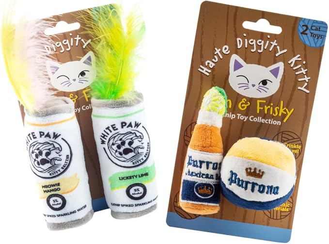 Haute Diggity Kitty White Paw + Purrrona Bottle & Ball, Soft Plush Cat Toys | 4 Pack Catnip Toys with Interactive Crackle & Feathers, Safe & Durable Cat Nip Kicker Toy for Outdoor & Indoor Cats & Kitten