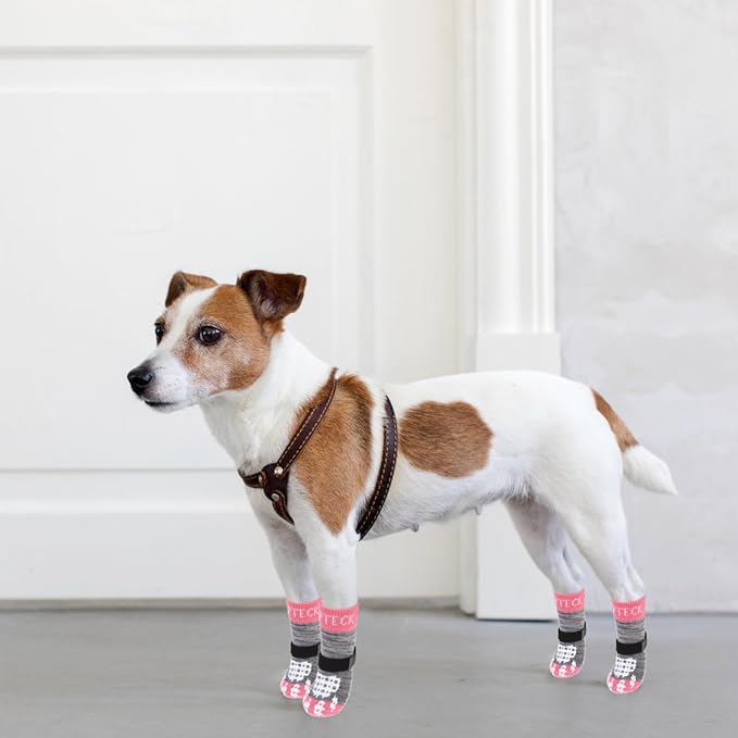 PUPTECK Anti-Slip Dog Socks with Double Sides Grips for Small Medium Large Dogs Hardwood Floors Prevents Licking, Dog Shoes for Hot Pavement Traction Control for Senior Dogs, Grey&Pink L