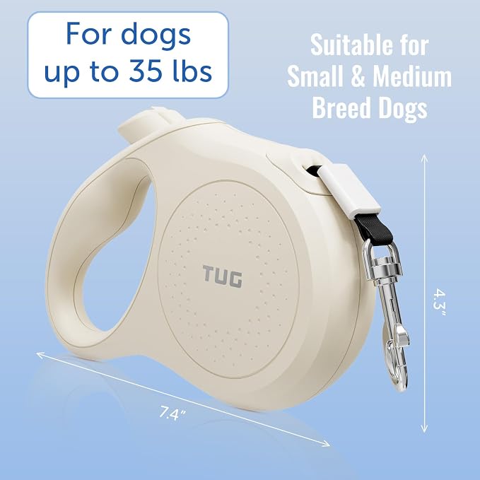 TUG Quest Retractable Dog Leash | 360° Tangle-Free Retraction | 16 ft Strong Nylon Tape (Small, Cream)