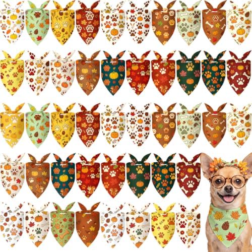 Preboun 50 Pcs Fall Paw Print Dog Bandanas Bulk, Autumn Thanksgiving Party by Preboun