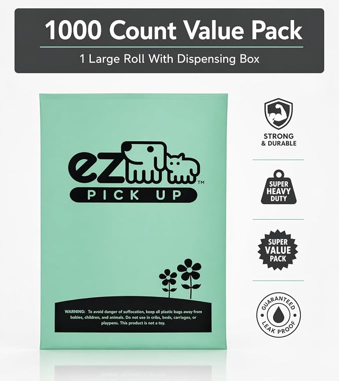 1000 Pet Waste Disposal Dog Poop Bags, EZ Pickup Bags Green (Single roll, not on Small Rolls) | dog training, clean up bag, large 8"x13", single roll - not on small rolls