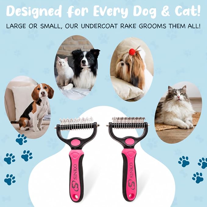 Sinko Shedding Brush For Dog and Cat, Grooming Brush with Extra Wide Double-Sided Stainless Teeth for Detangling, Deshedding, Brushing & Removing Shed Fur, Knots, Mats, and Tangles in Pets (Pink)