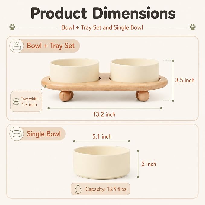 Havniva Raised Cat Bowl 5.1” Elevated Ceramic Cat Food and Water Bowl Set | Cat Bowls Elevated, Whisker Friendly Cat Bowl, Non-Slip Wood Stand, Food-Grade Ceramic, Wide Opening, Dishwasher Safe