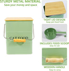 Morezi Cat food storage container storage bin with wooden lid scoop included green metal cat food container in kitchen countertop