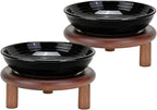 SPUNKYJUNKY Shallow Elevated Cat Bowl with Acacia Wood Stand Wide Raised Ceramic Cat Dishes Whisker Friendly Pet Food and Water Plates (Striped Pattern, 2 Pack, Black)