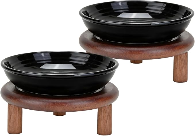 SPUNKYJUNKY Shallow Elevated Cat Bowl with Acacia Wood Stand Wide Raised Ceramic Cat Dishes Whisker Friendly Pet Food and Water Plates (Striped Pattern, 2 Pack, Black)