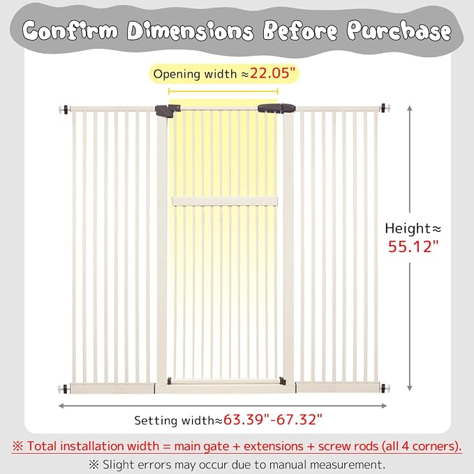 Lumizone 55.12" Extra Tall Pet Gate for Cat Dog 63.39"-67.90" Wide Cream | Extra Tall Cat Gate for Doorway Hallway Stairs Pressure Mounted 1.37" Gap No Drilling Auto-Close Dual-Lock