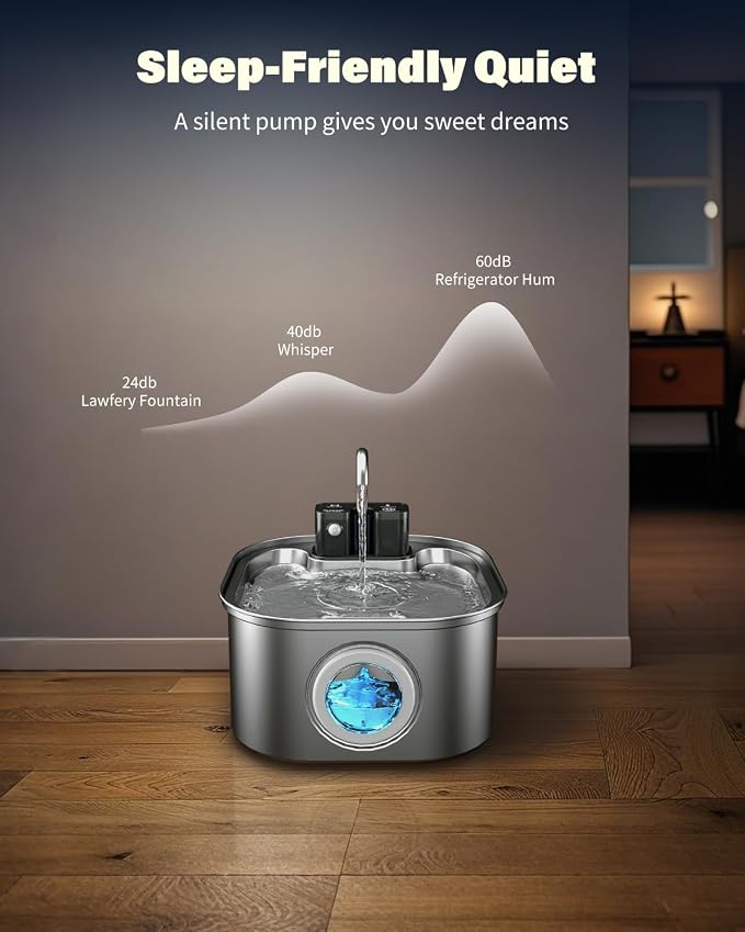 Lawfery 3.2L/108oz Wireless Stainless Steel Cat Water Fountain | Battery Operated Cordless Design with 3 Modes, Pet Drinking Fountain for Cats and Small Dogs, 4 Filters & 4 Sponges