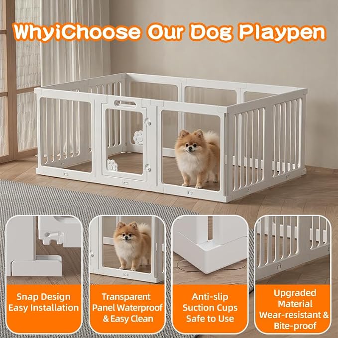 Clear Acrylic Dog Playpen with Door, 8-Panel 24 Inch Tall Indoor Puppy Enclosure with Secure Lock Door. Lightweight, Durable Washable Plastic, Easy Setup, Low Maintenance & Simple Cleaning（White）