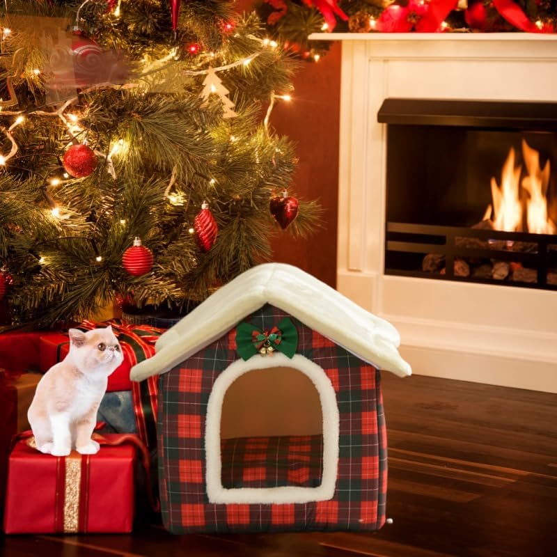 Cat Beds for Indoor Cats, Cute Christmas Plaid Cat Bed Cave - Image 4