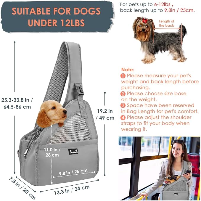 SlowTon Pet Dog Sling Carrier, Hands Free Hard Bottom Papoose Small Animal Puppy Up to 11 lbs Travel Bag Tote Breathable Mesh Support Adjustable Padded Strap Pocket Safety Belt Machine Washable