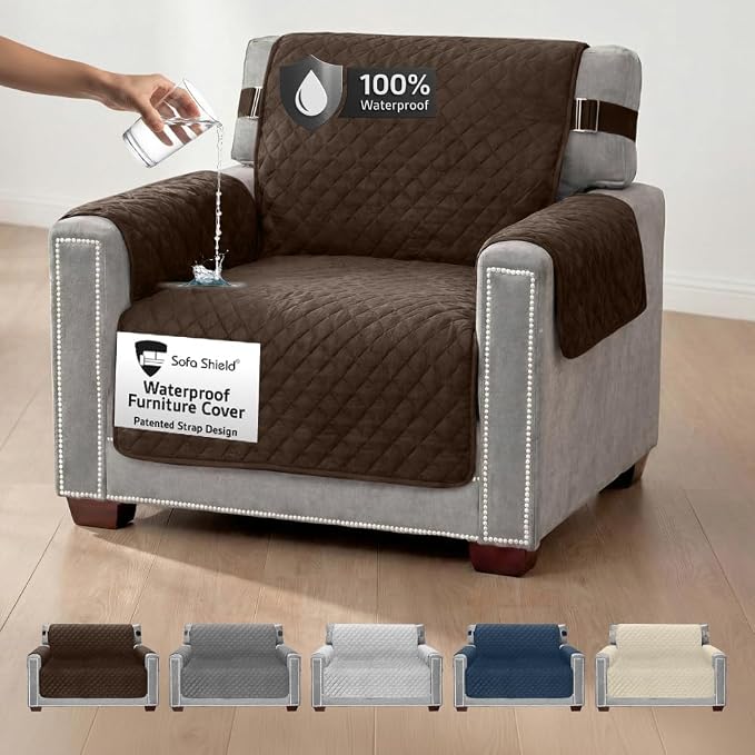 Sofa Shield 100% Waterproof Couch Cover with Patented Straps, Slip & Stain Resistant Furniture Protector, Machine Washable Sofa Slipcover for Dogs Cats Pets Kids, 23 inch Seat, Armchair, Brown