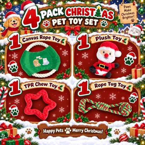 Christmas Dog Toys 4 Pack, Squeaky Plush, Rope Frisbee & Teething Toys - Image 2
