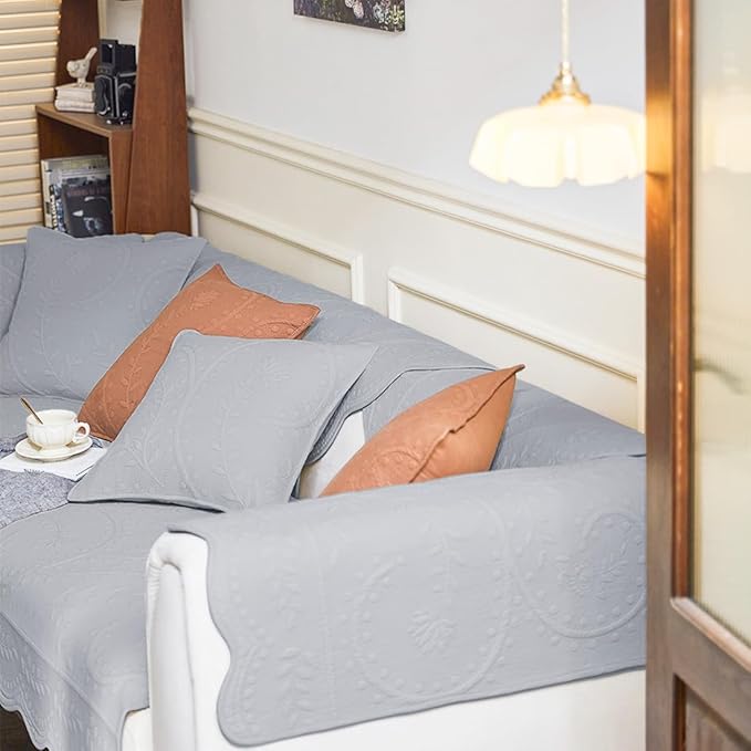 Leaf Floral Cotton Quilted Dog Couch Cover for Sofa Farmhouse Rustic Embroidered Sectional Couch Cover Soft Anti-Slip Sofa Slipcover Furniture Protector for Kids, Pets (Grey,36"x94")
