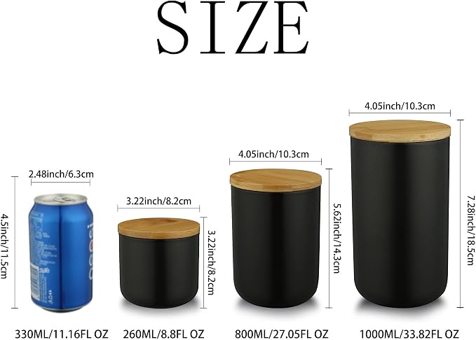 MilkyWay Food Storage Jar Ceramic Canisters With Airtight Seal Lid S 8.7oz | Durable Ceramic Material, Airtight Bamboo Lid, Modern Damp-Proof Design, Ideal For Coffee And Tea(Black(S: 8.7oz/260ml))
