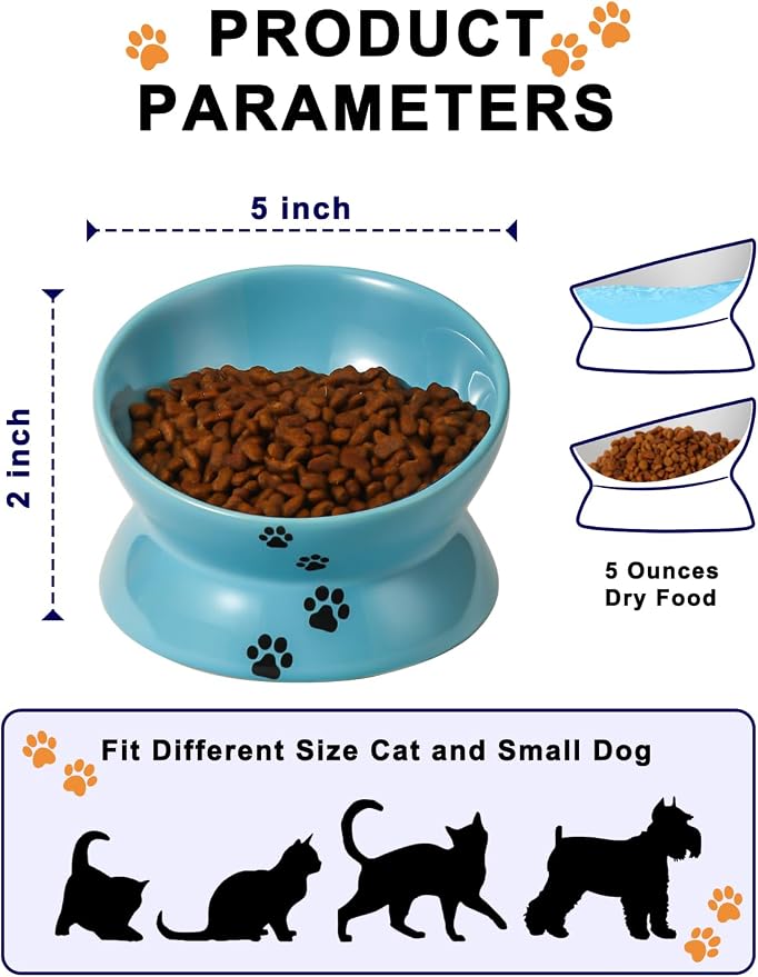 Y YHY Elevated Cat Food Bowl, Ceramic Raised Bowl, Tilt Angle Protects Cat's Spine, Anti Vomiting Dish, Backflow Prevention, Lake Blue