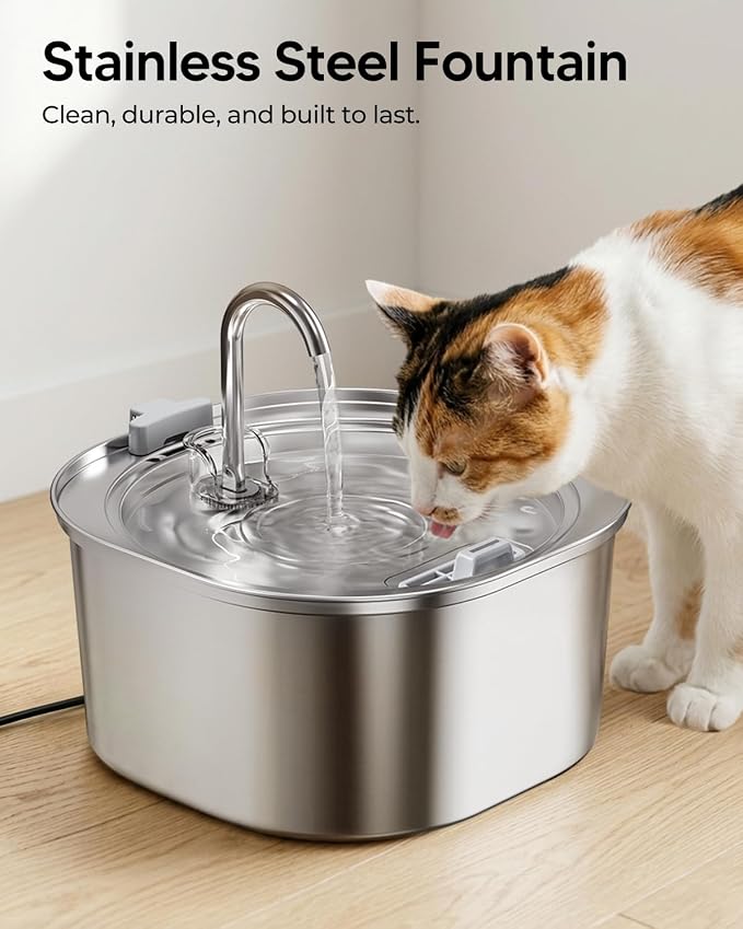PEKTACO Cat Water Fountain, 3.2L Pet Drinking Fountain with 6 Filters | Stainless steel cat drinking fountain, dishwasher safe, with triple filtration, quiet pump, faucet for cats and small pets