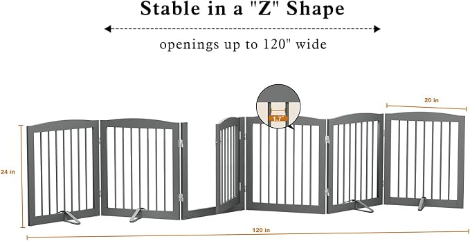 PUPETPO Freestanding Pet Gates with Walk Through Door, Dog Indoor Fence, Dog Gate for The House, Doorway, Stairs, Extra Wide Pet Gate, Support Feet Included, 120 Inch Wide, 6 Panels 24" Tall, Gray
