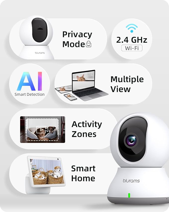 blurams Security Camera 2K, Baby Monitor Dog Camera 360-degree for Home Security (White + 64GB TF Card)