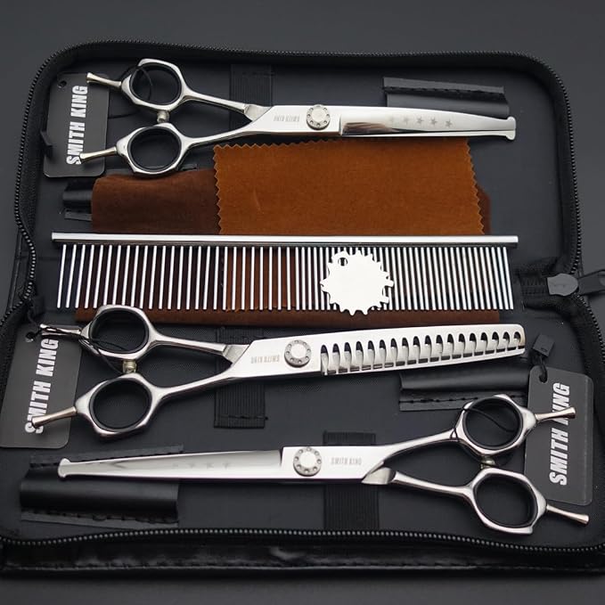 7 inches Safe Dog Grooming Scissors Set with Round Tip,Straight & Thinning & Curved Shears Set with comb for Dog & Cat Grooming (Black 3 in 1 with comb)