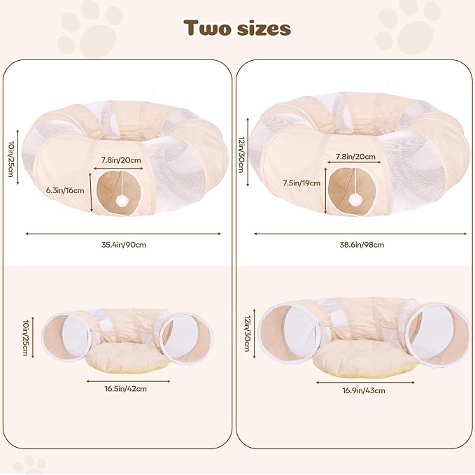 Ownpets Collapsible Cat Tunnel Toy - 2-in-1 Interactive Play Tunnel for Cat up to 18 lbs, Tear-Resistant Mesh, Fold to 2 Inches Thick, Portable Cat Exercise & Entertainment Tunnel, 12" Diameter, Khaki