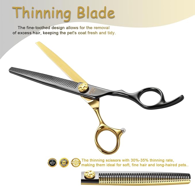 7'' Thinning Dog Grooming Scissors with Decorative Screw Sharp and Durable Black and Gold 440C Stainless Steel Dog Thinner Shears Easy Use for Groomers and Beginners