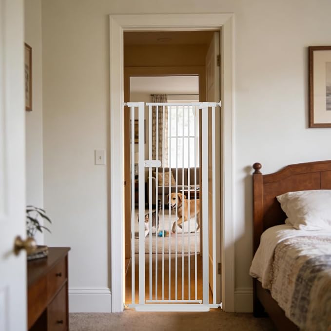 Lumizone Extra Tall Cat Gate 55.12" High 26.18"-29.91" Wide Pet Gate White | Dog Gate for Doorway Hallway Stairs Pressure Mounted Extra Wide 1.37" Gap No Drilling Auto-Close One-Handed Operation